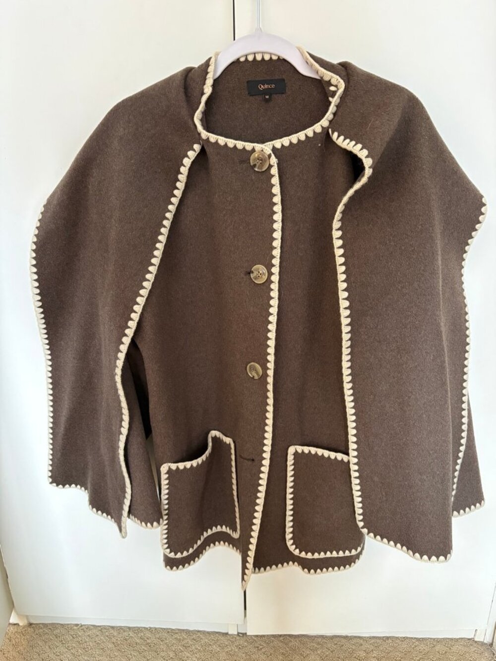 Quince Double-Faced Merino Wool Scarf Coat Cocoa Melange Cream Whipstitch M